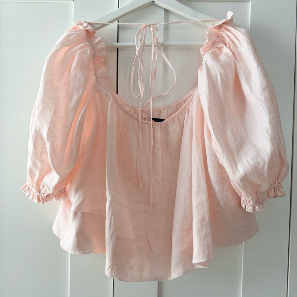 HARSHMAN Pink Puff Sleeve Linen Top | Size Small - Picture 3 of 5